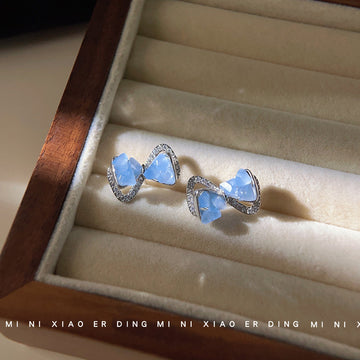 Silver Blue Glass Chip Bow Crystal Frame Stud Earrings
