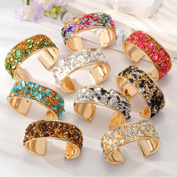 Gold Tone Crushed Stone Wide Open Cuff Bracelets in Eight Colors