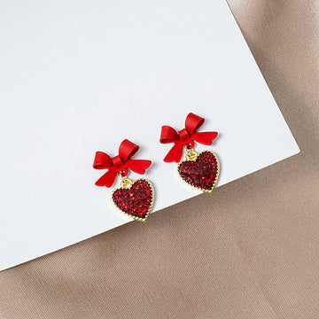 Red Ribbon Bow Glitter Heart Long Dangle Stud Earrings