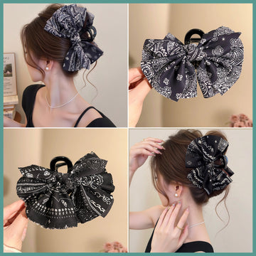 Black White Paisley Fabric Bow Shark Hair Claw Clip