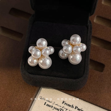 Gold Tone White Pearl Flower Cluster Stud Earrings Multi Size