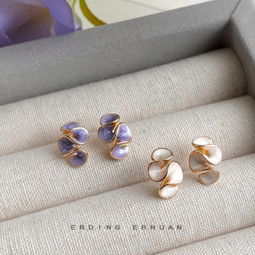 Gold Three Petal Stud Earrings in White and Purple