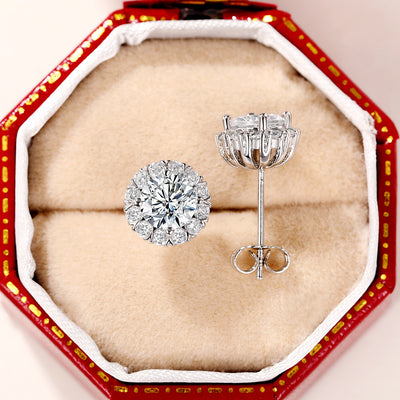 Pair silver halo CZ studs front and back in red jewelry box