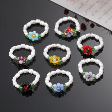 Beaded Flower Stretch Rings with Pearl Look Bands
