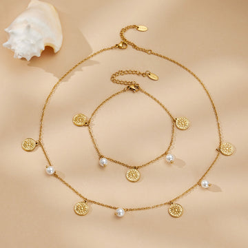 Titanium Steel Sun Disc Coin Necklace Anklet Pearl Natural Stone