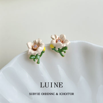White Flower Green Stem And Pink Center Stud Earrings For Women