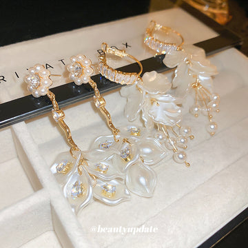 White Petal Pearl Branch Long Statement Drop Earrings