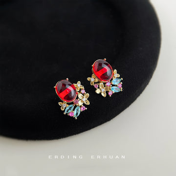 Gold-Tone Red Oval Cabochon Floral Crystal Stud Earrings