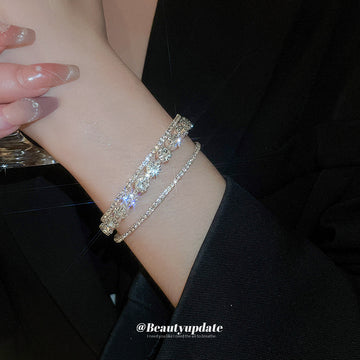 Silver Tone Open Floral Lattice Hinged Bangle With Clear Crystal Flowers