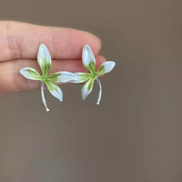 Iridescent Iris Flower Stud Earrings With Green Leaves