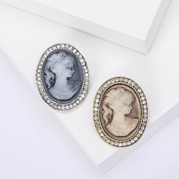 Woman Profile Cameo Brooch in Gray Silver or Beige Gold