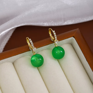 Green Bead Drop Huggie Earrings Gold Crystal Lever Back