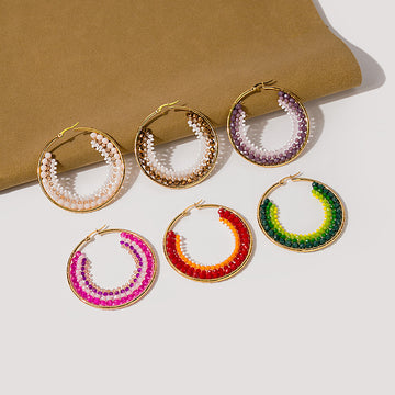 Gold Hoop Earrings with Multicolor Bead Wrapped Fronts
