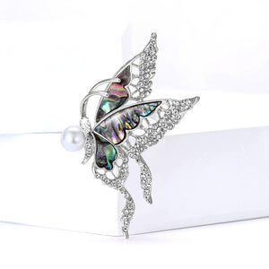 Silver Abalone Shell Butterfly Brooch Pearl and Crystals