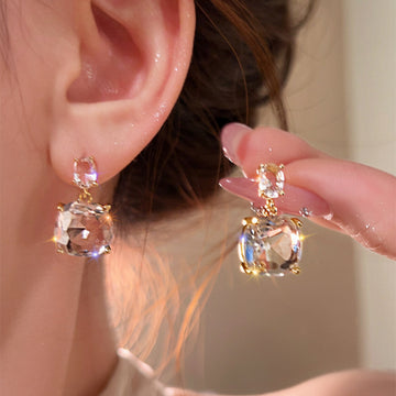 Clear Cube Drop Earrings in Silver and Gold Tones Fashion Jewelry