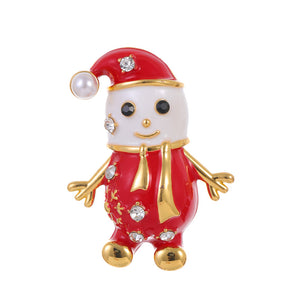 Christmas Snowman Brooch with Rhinestones and Red Enamel, Gold Tone Pin