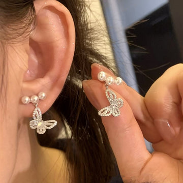 Silver Butterfly Pearl Stud Earrings With Clear Stones