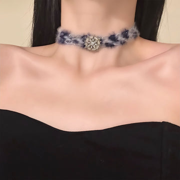 Blue Fuzzy Floral Crystal Choker Necklace Fashion Jewelry