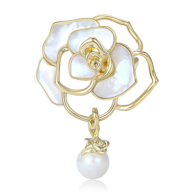 Product image 1 showing the camellia flower brooch with faux pearl drop in gold or silver.