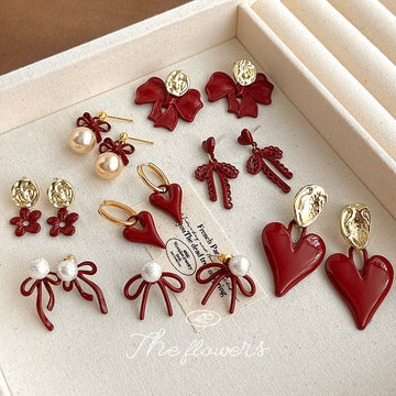 Burgundy Red Enamel Bow Heart Flower Pearl Earrings