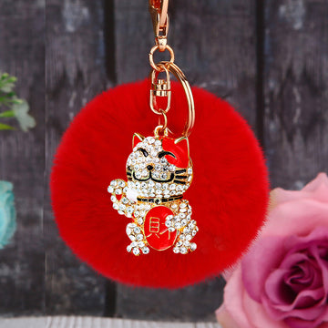 Crystal Lucky Cat Keychains with Faux Fur Pompoms in Sixteen Options
