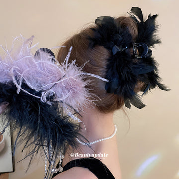 Purple Fluffy Feather Rhinestone Chain Dangle Hair Claw