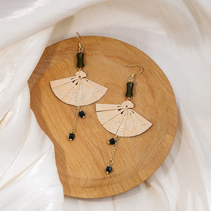 Mismatched Folding Fan Drop Earrings in Brass with Green Beads