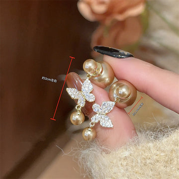 Butterfly Faux Pearl Drop Stud Earrings With Decorative Metal Details