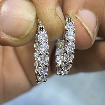 Double-Row Round Clear Stone Hoop Earrings Silver Tone