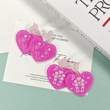 Magenta Acrylic Heart Skeleton Drop Earrings 2 Motifs