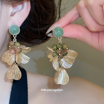 Green Stone And Amber Leaf Cluster Drop Stud Earrings