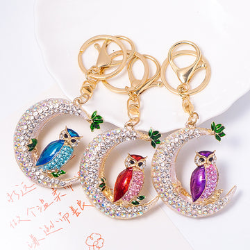 Rhinestone Crescent Moon Owl Keychain Gold Tone 3 Colors