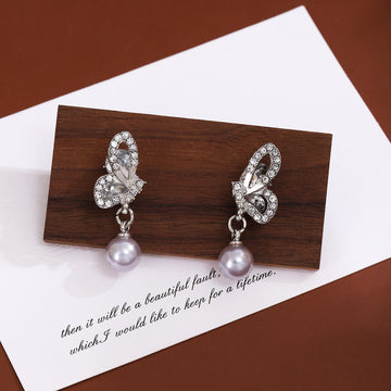 Silver Rhinestone Butterfly Stud Earrings Gray Pearl Drops