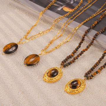 Gold Tiger Eye Oval Pendant And Beaded Pendant Necklaces