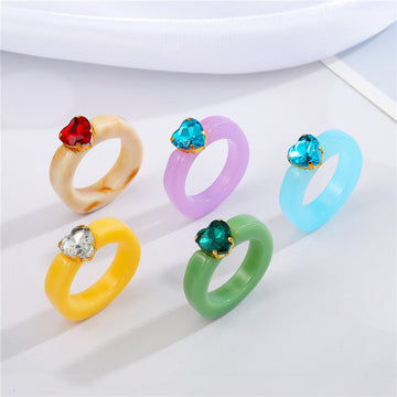 Chunky Translucent Resin Heart Crystal Statement Rings in Five Colors