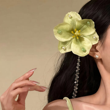 Light Green Fabric Flower Duckbill Hair Clip Pearl Tassel