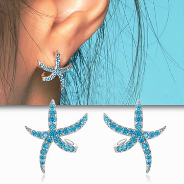 Silver Tone Blue Starfish Stud Earrings with Graduated Crystals