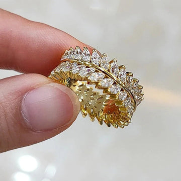 Gold and Silver Tone Leaf Stone Eternity Band Ring