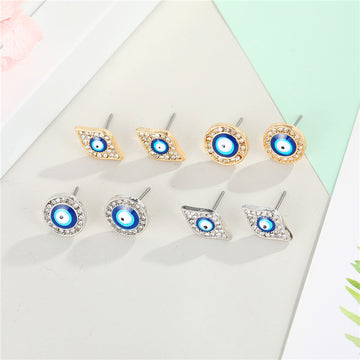 Blue Evil Eye Crystal Stud Earrings in Four Shapes and Finishes