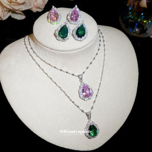 Teardrop Halo Zircon Necklace Stud Earring Sets Two Colors