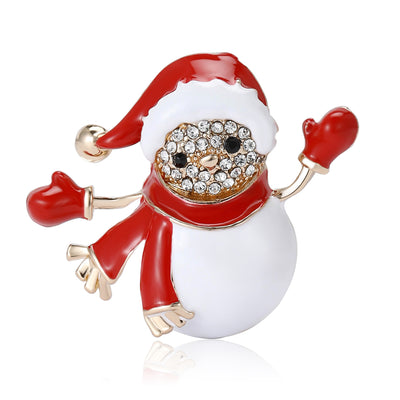 Front view of a white snowman with a red hat scarf mittens and crystal face