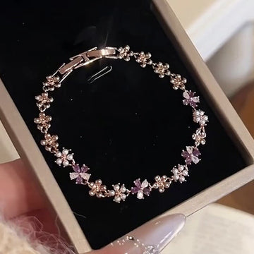 Rose Gold Flower Pearl Clasp Bracelet Purple Crystal Accents
