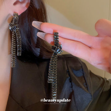 Knotted Crystal Chain Drop Earrings in Black and Silver Tones