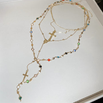 Layered Cross and Beaded Chain Necklace Sets in Gold and Silver Tone