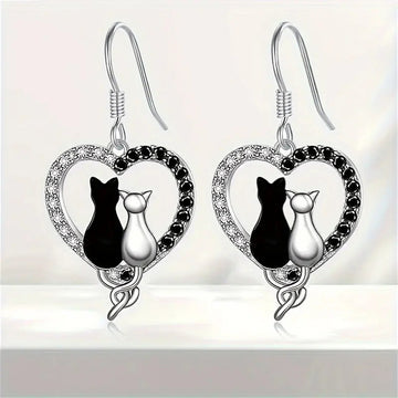 Silver Tone Heart Black White Cat Dangle Drop Earrings