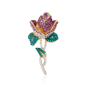 Crystal Rose Stem Brooch Red Magenta Pink Two Color Styles