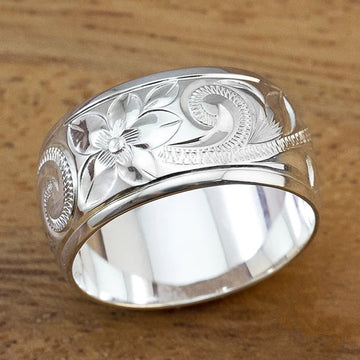 White Gold Engraved Rose Floral Wide Band Finger Ring 6-10