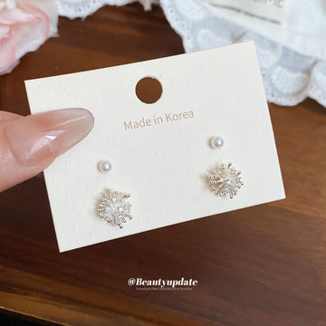 Silver Tone Floral Stud and Pearl Drop Earring Set