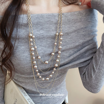 Gold Multi Layer Champagne Pearl Chain Long Necklace