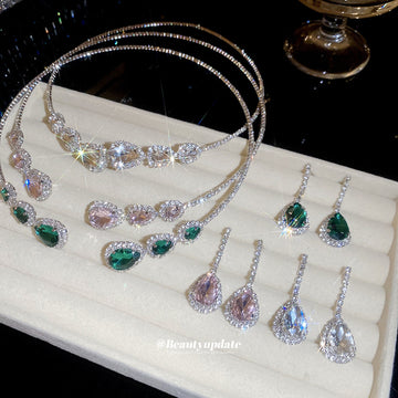 Teardrop Crystal Open Collar Necklace Earring Sets Silver